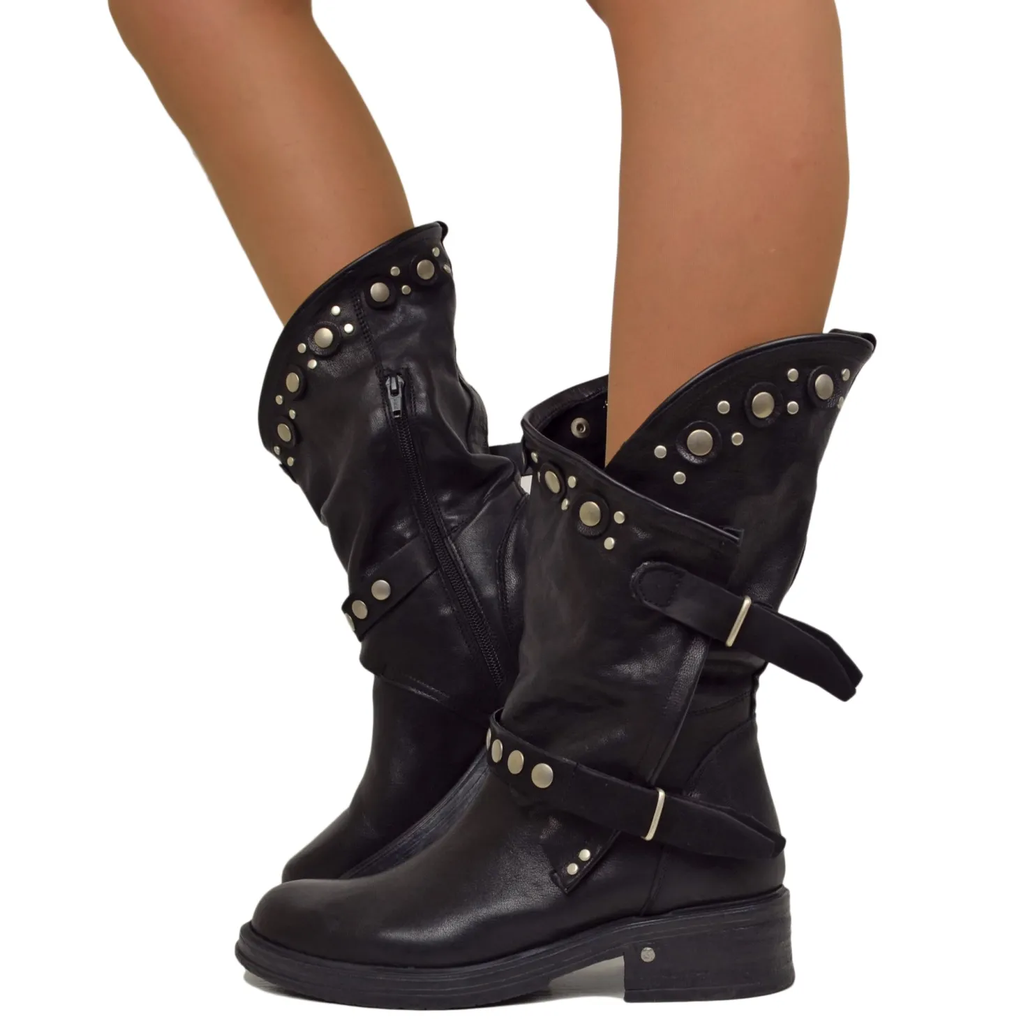 Women's Black Leather Biker Boots with Studs and Zip Made in Italy
