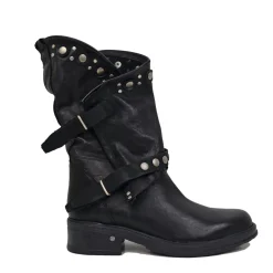 Women's Black Leather Biker Boots with Studs and Zip Made in Italy