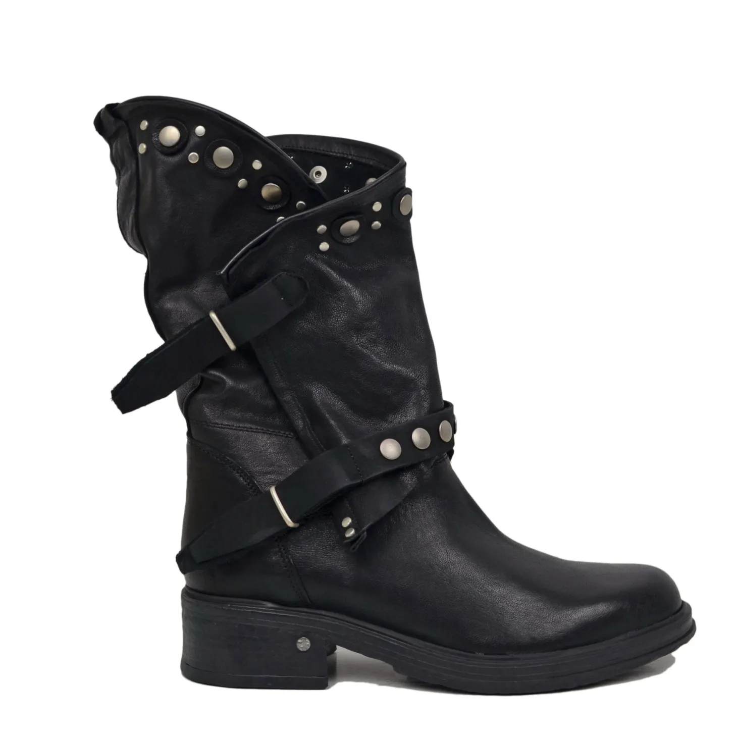 Women's Black Leather Biker Boots with Studs and Zip Made in Italy