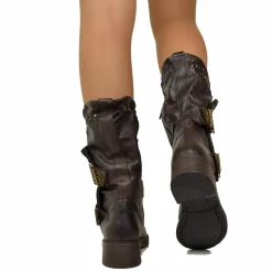 Women's Black Leather Biker Boots with Studs and Buckles Made in Italy