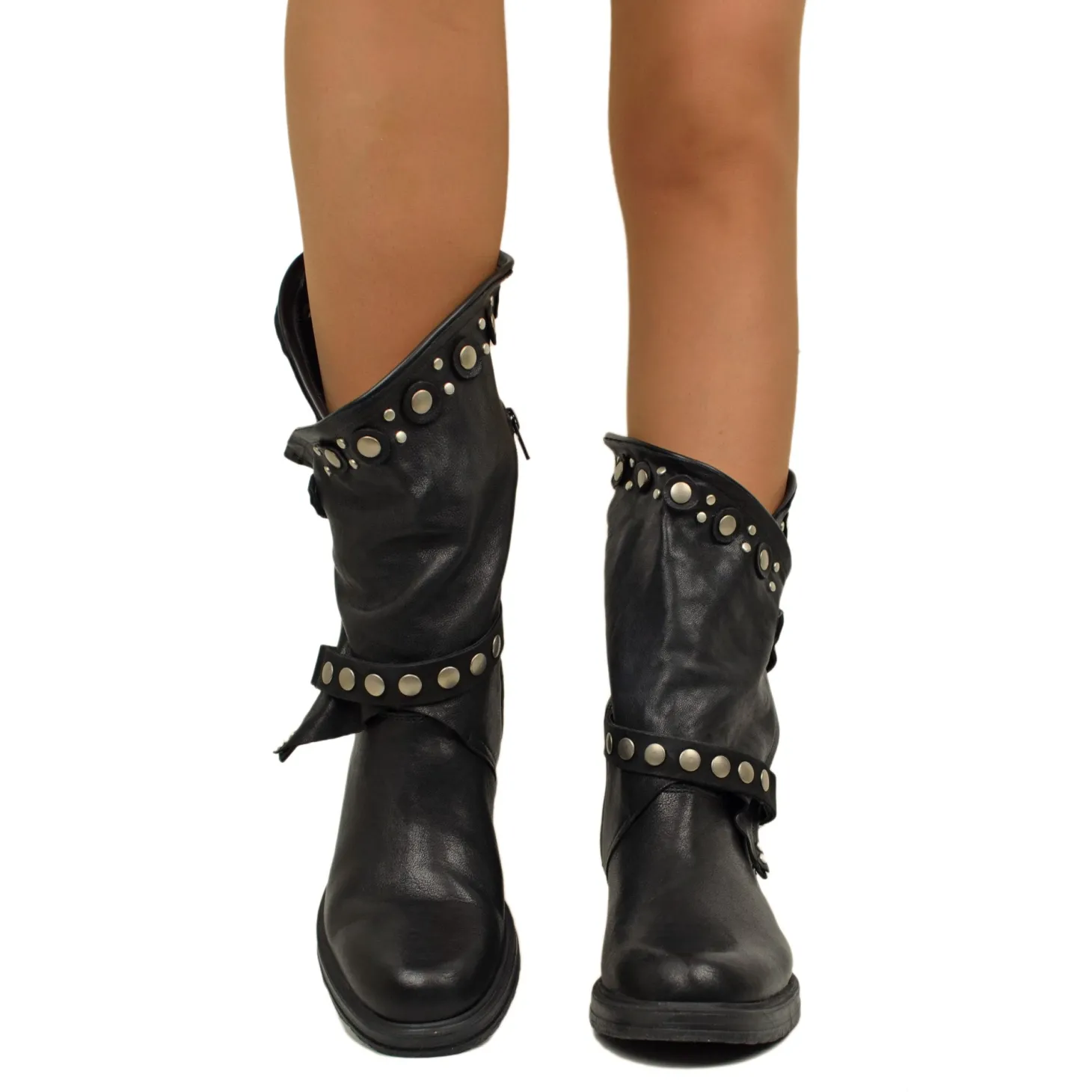 Women's Black Leather Biker Boots with Studs and Zip Made in Italy