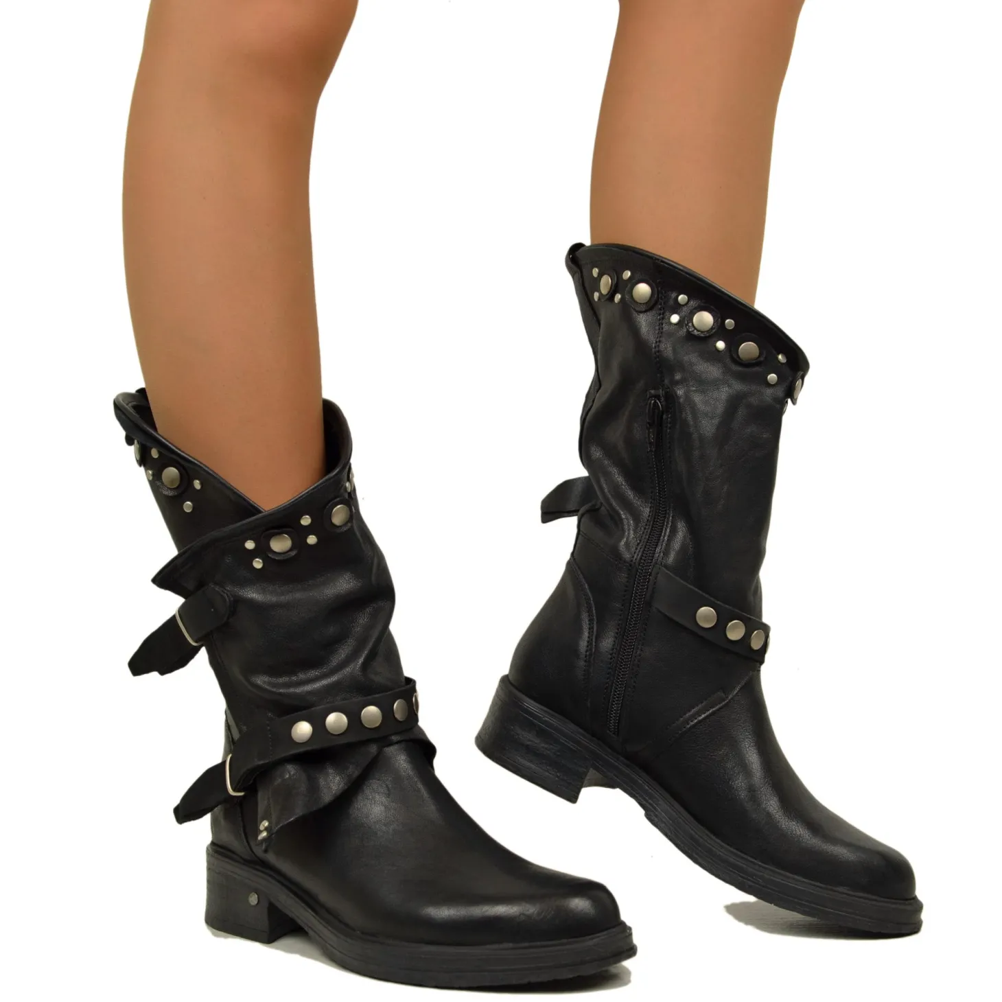 Women's Black Leather Biker Boots with Studs and Zip Made in Italy