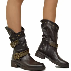 Women's Black Leather Biker Boots with Studs and Buckles Made in Italy