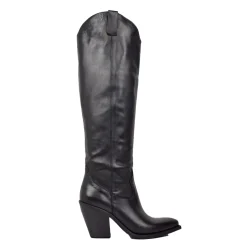 Women's Black Smooth Knee-High Texan Boots 9cm High Heel in Leather