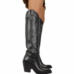 Women's Black Smooth Knee-High Texan Boots 9cm High Heel in Leather