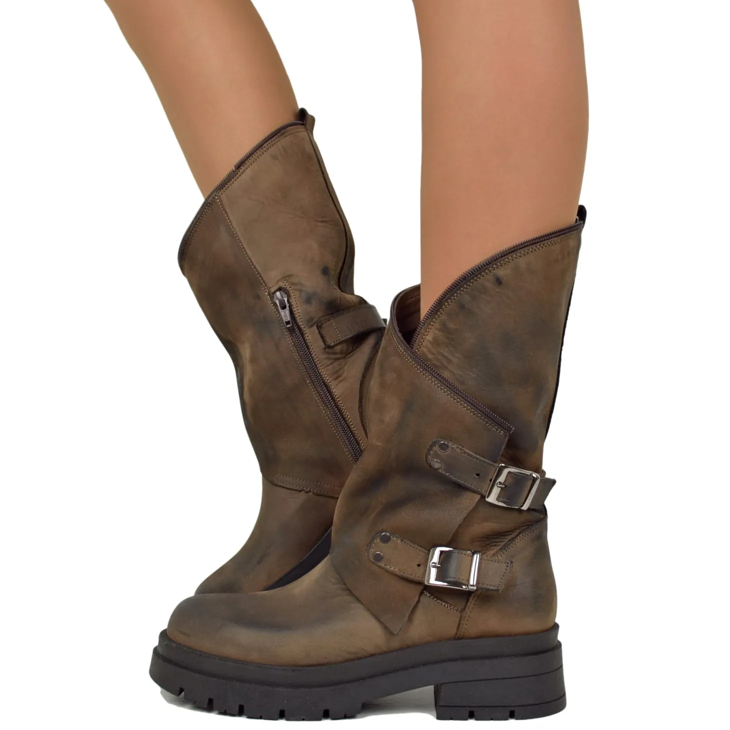 Women's Brown Biker Boots with Buckles and Side Zip Made in Italy