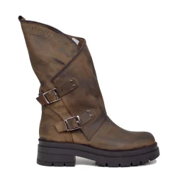 Women's Brown Biker Boots with Buckles and Side Zip Made in Italy