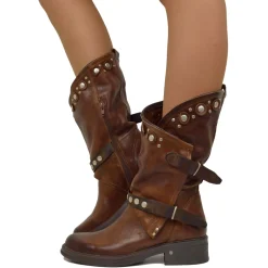 Women's Brown Leather Biker Boots with Studs and Zip Made in Italy