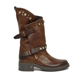 Women's Brown Leather Biker Boots with Studs and Zip Made in Italy
