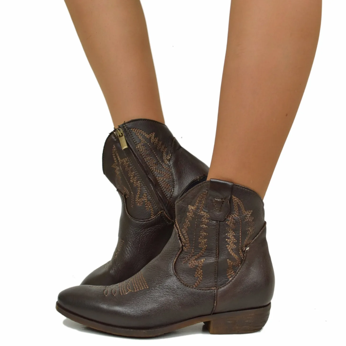 Women's Cowboy Boots with Zip in Vintage Brown Leather