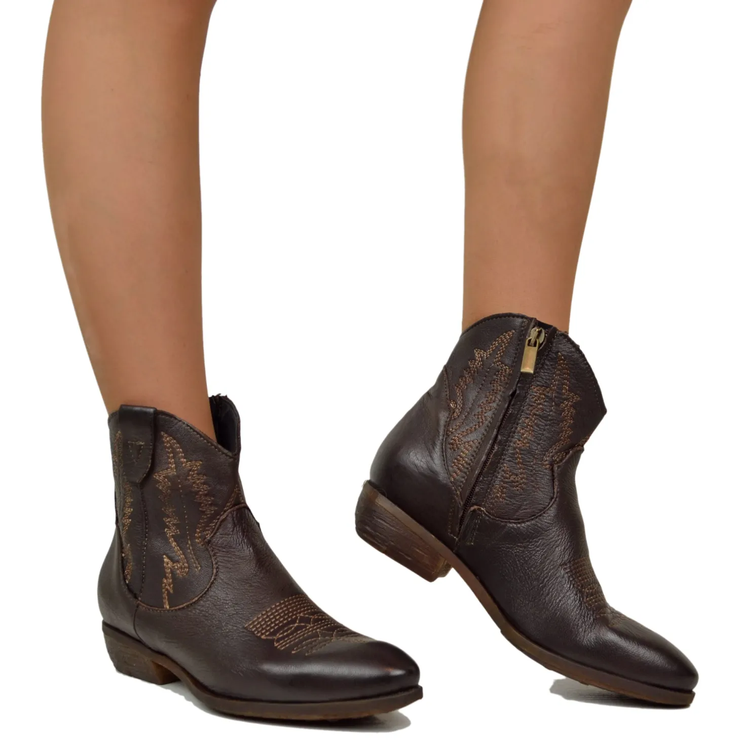 Women's Cowboy Boots with Zip in Vintage Brown Leather