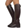 Women's Dark Brown Leather Riding Boots with Zip and Button