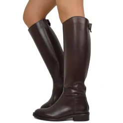 Women's Dark Brown Leather Riding Boots with Zip and Button