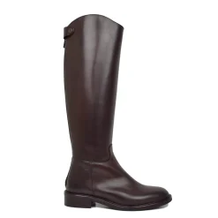 Women's Dark Brown Leather Riding Boots with Zip and Button