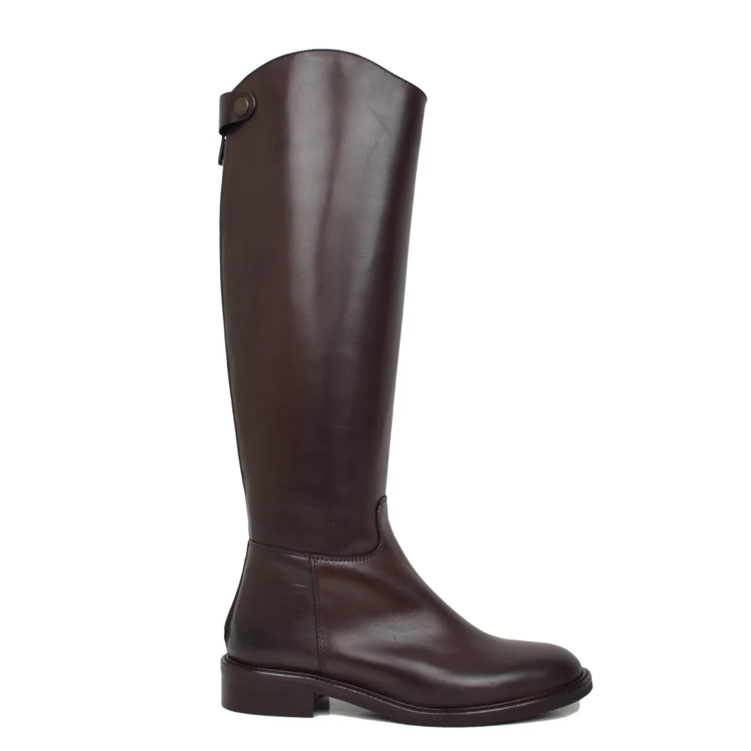 Women's Dark Brown Leather Riding Boots with Zip and Button