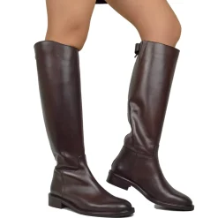 Women's Dark Brown Leather Riding Boots with Zip and Button