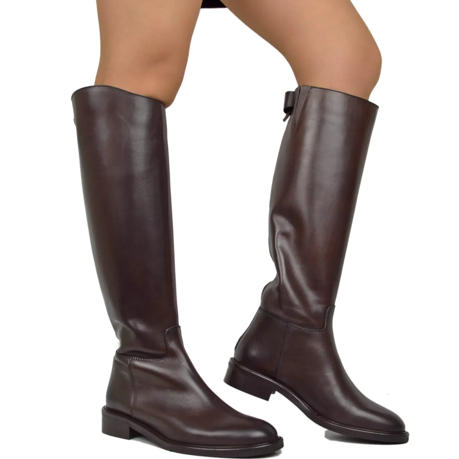 Women's Dark Brown Leather Riding Boots with Zip and Button