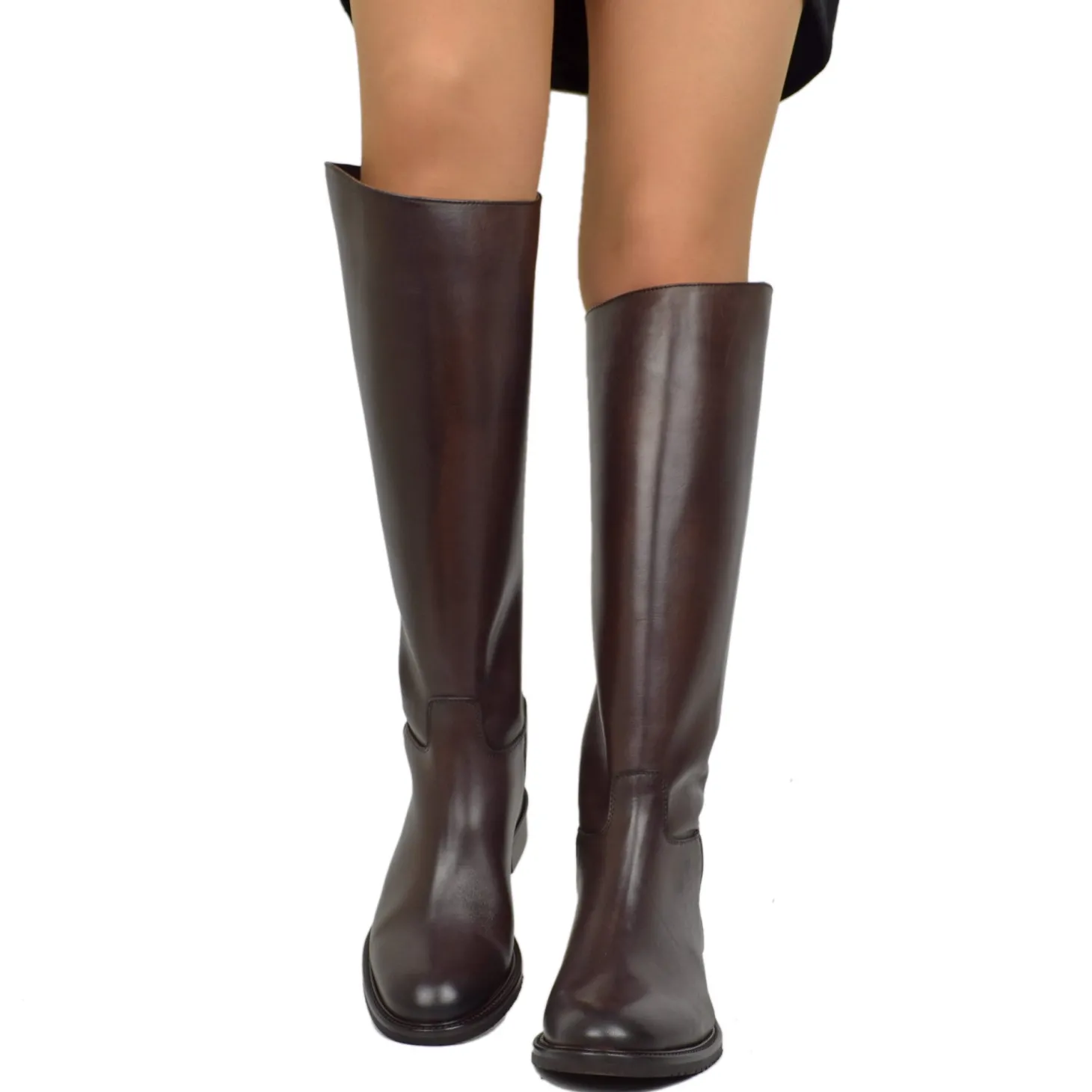 Women's Dark Brown Leather Riding Boots with Zip and Button