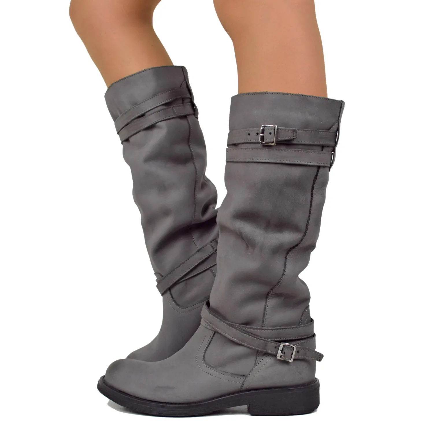 Women's High Boots in Gray Nubuck Leather