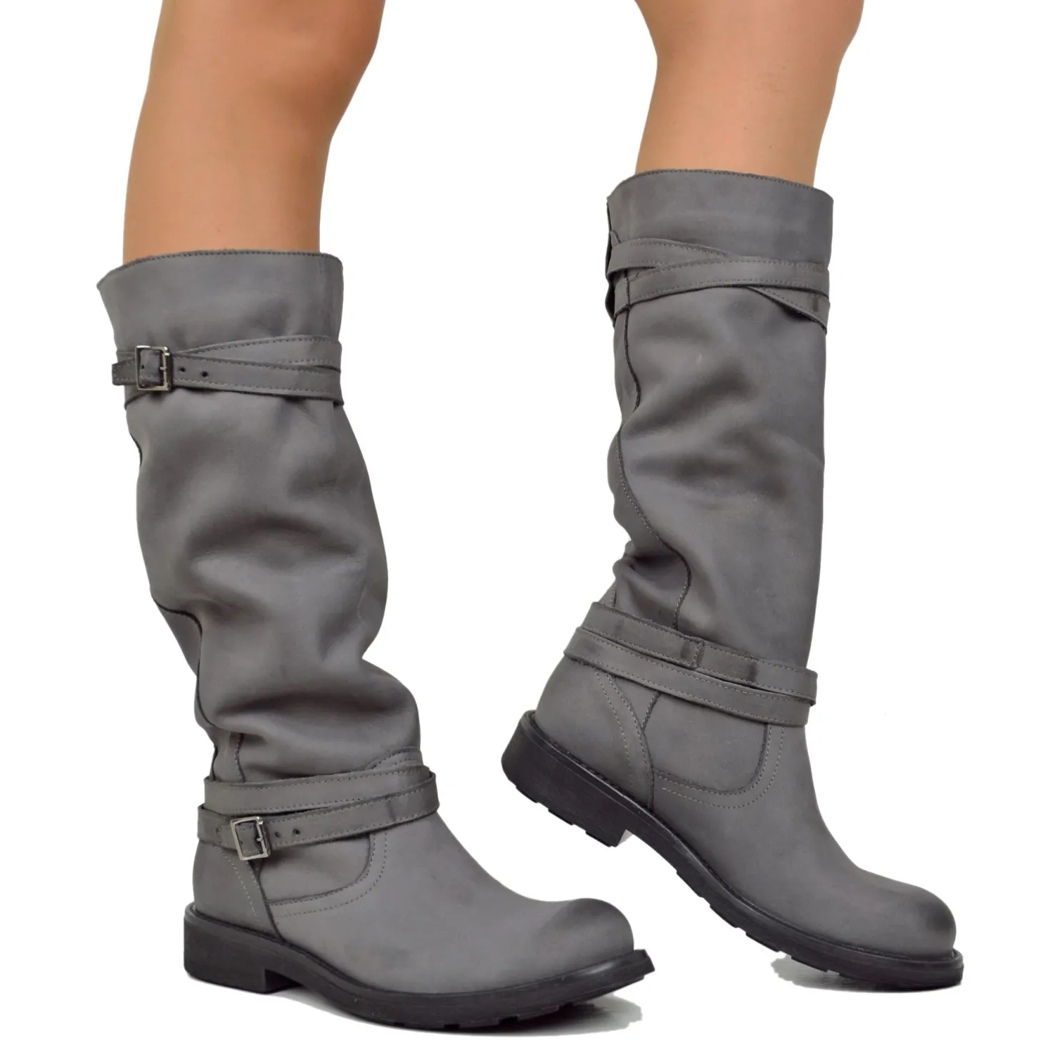Women's High Boots in Gray Nubuck Leather