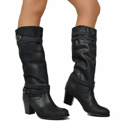 Women's Mid Heel Boots in Black Nubuck Leather