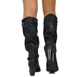 Women's Mid Heel Boots in Black Nubuck Leather