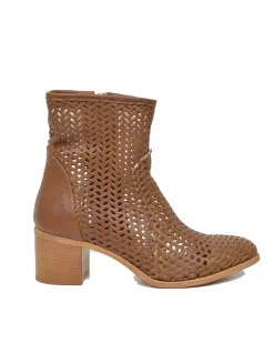Women's Perforated Leather Ankle Boots with Mid Heel and Zip – Made in