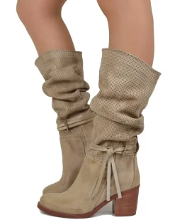 Women's Summer Boots – Perforated Suede Leather – Beige Gradient