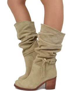 Women's Summer Boots – Perforated Suede Leather – Beige Gradient