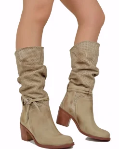 Women's Summer Boots – Perforated Suede Leather – Beige Gradient