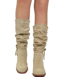 Women's Summer Boots – Perforated Suede Leather – Beige Gradient