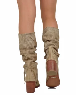 Women's Summer Boots – Perforated Suede Leather – Beige Gradient