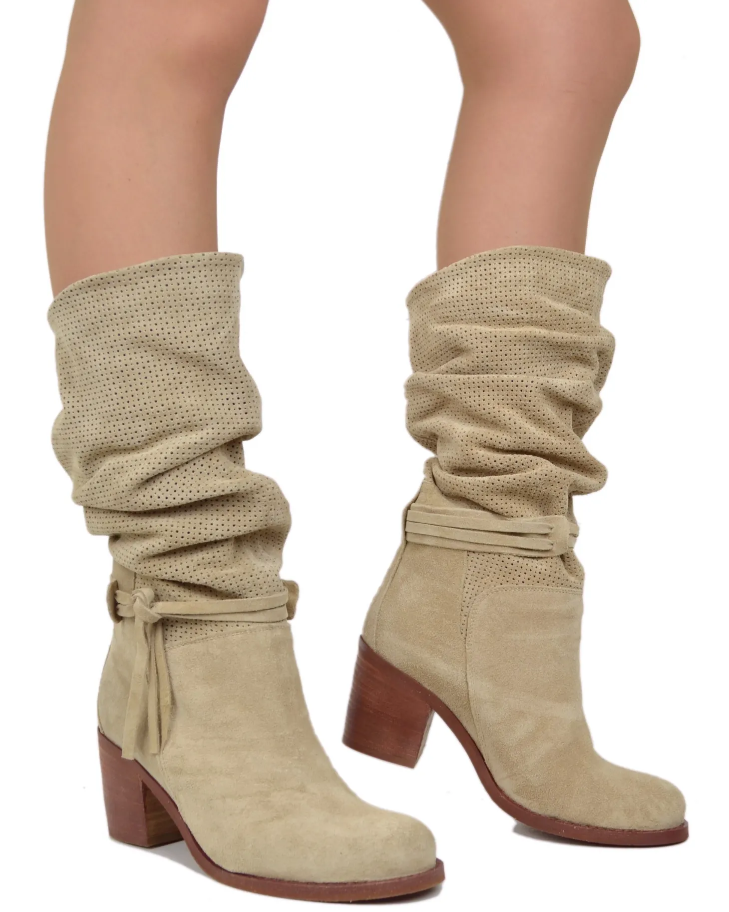 Women's Summer Boots – Perforated Suede Leather – Beige Gradient