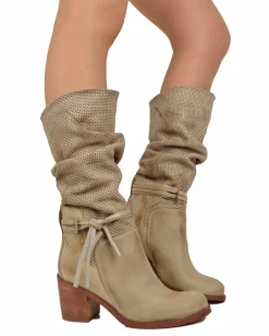 Women's Summer Boots – Perforated Suede Leather – Beige Gradient