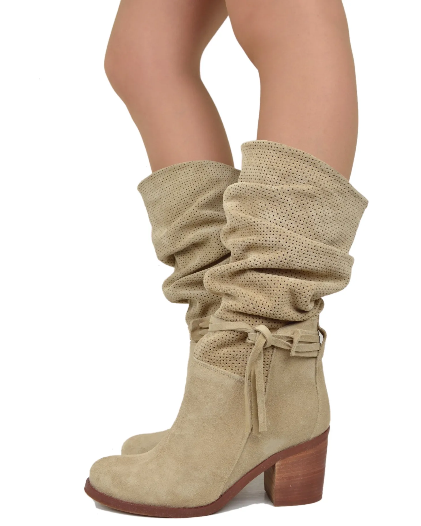 Women's Summer Boots – Perforated Suede Leather – Beige Gradient