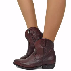 Women's Texan Ankle Boots in Burgundy Leather with Used Effect