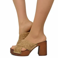 Zoccoli Donna Camel Ciabattone in Pelle Intrecciata Incrociati