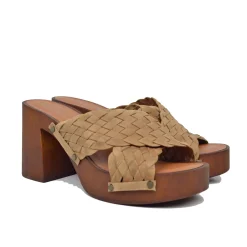 Zoccoli Donna Camel Ciabattone in Pelle Intrecciata Incrociati