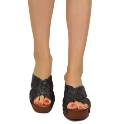 Zoccoli Donna Neri Ciabattone in Pelle Intrecciata Incrociati