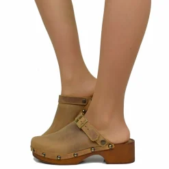 Zoccolo Donna in Pelle Ingrassata Vintage Camel Made in Italy