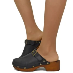 Zoccolo Donna in Pelle Ingrassata Neri Made in Italy