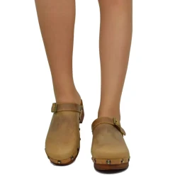 Zoccolo Donna in Pelle Ingrassata Vintage Camel Made in Italy