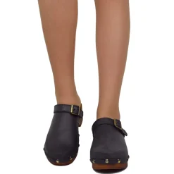 Zoccolo Donna in Pelle Ingrassata Neri Made in Italy