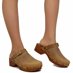 Zoccolo Donna in Pelle Ingrassata Vintage Camel Made in Italy