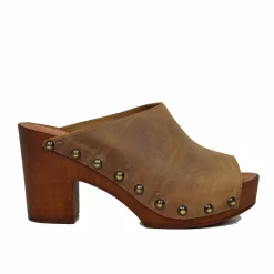 Zoccolo Donna in Pelle Ingrassata in color Camel Made in Italy